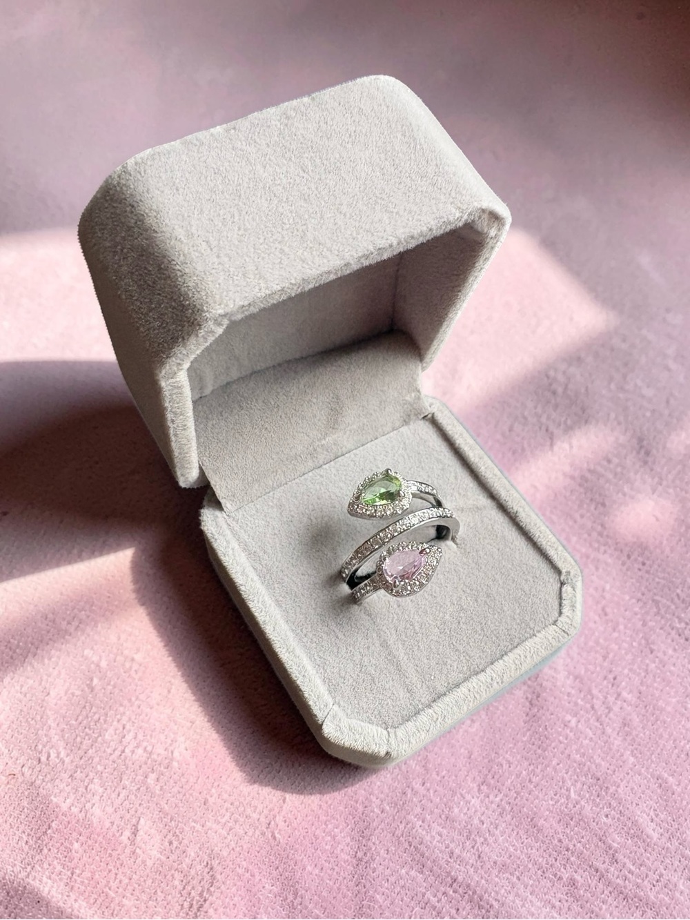 Silver Double Teardrop Ring with Green and Pink Stones
